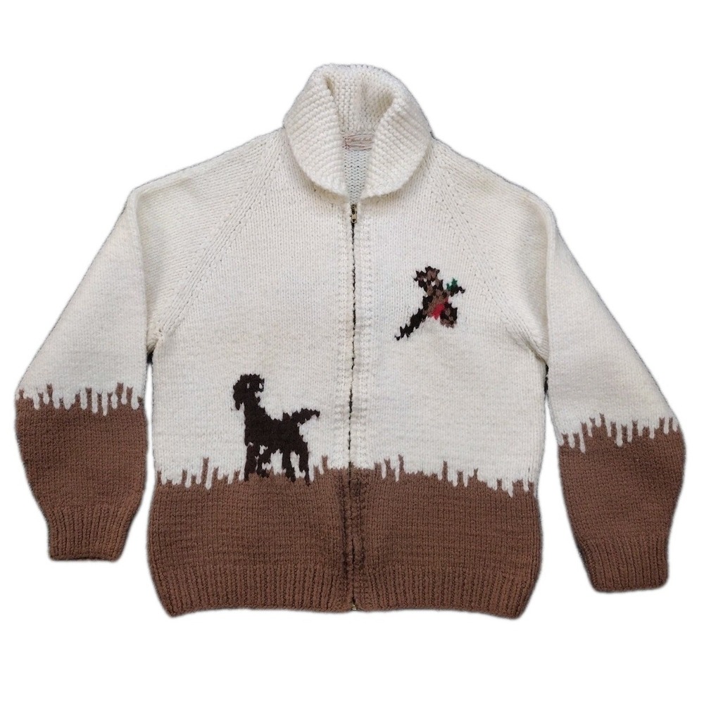 VTG 50s Handmade Cowichan Sweater L Hand Knit Hunting Dog Pheasant Dad Wool GPA